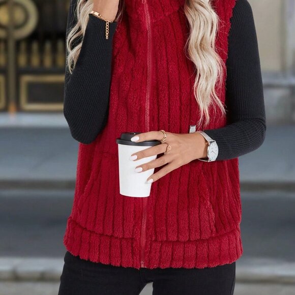 Red Casual Women's Zip Closure Vest Jacket - Picture 6 of 7